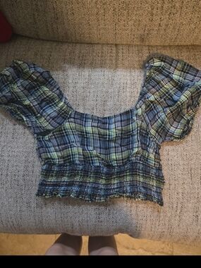 Plaid Smocked Crop Top - Yellow & Black